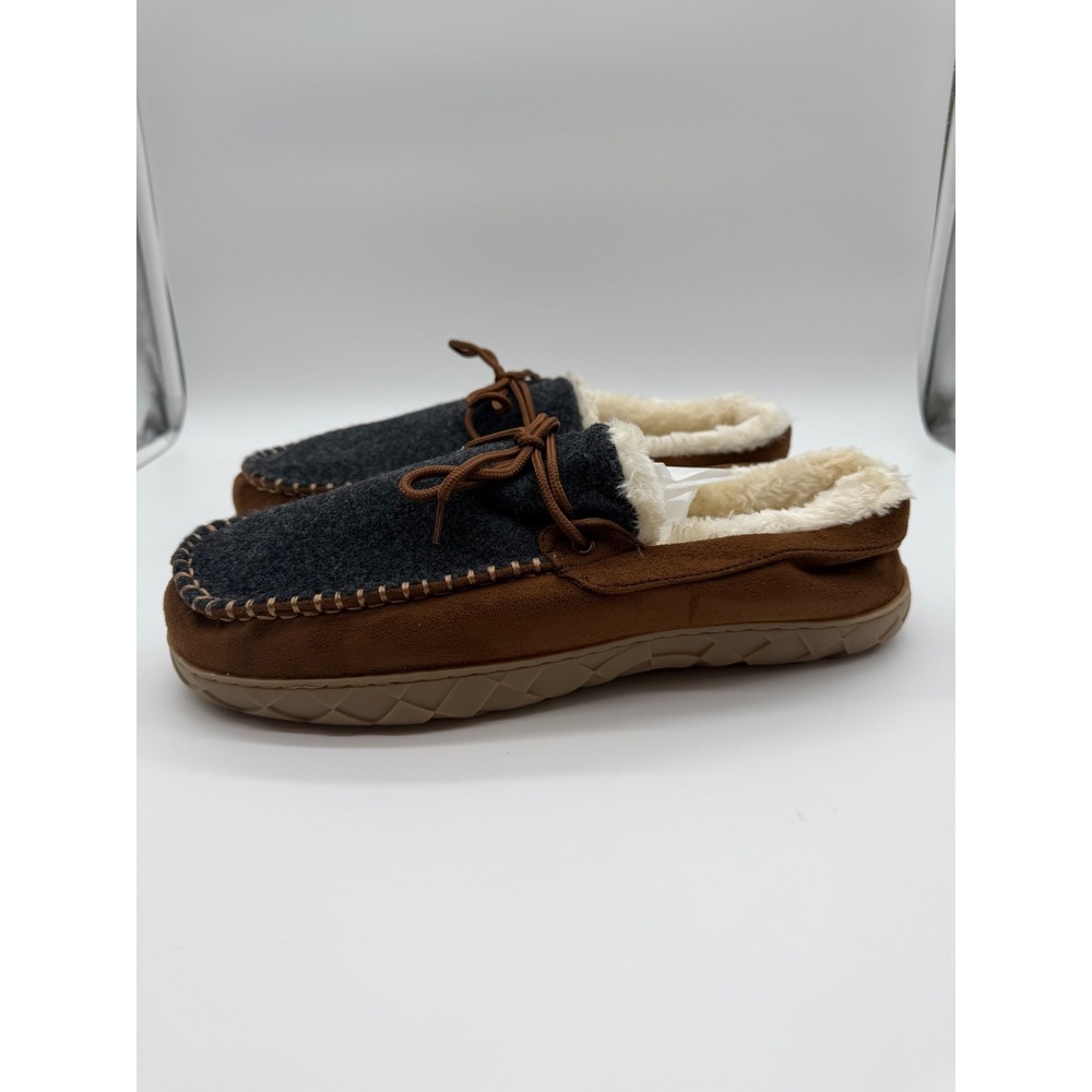 Mens Brown Faux Suede Moccasin Slippers Trim Faux Fur Lined Size 12 NEW